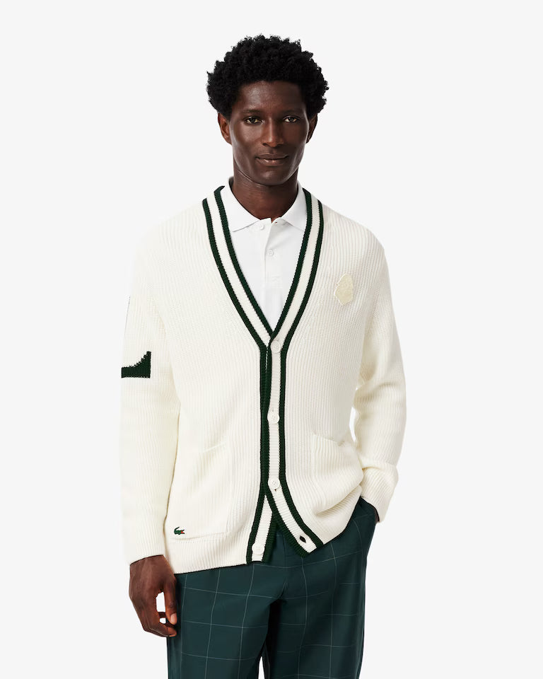 Lacoste Badge Accent Wool Blend Golf Cardigan  `White / Green`