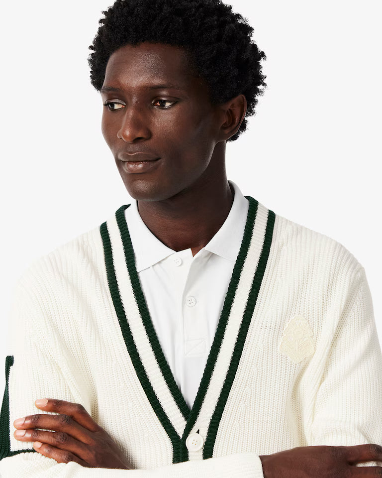 Lacoste Badge Accent Wool Blend Golf Cardigan  `White / Green`
