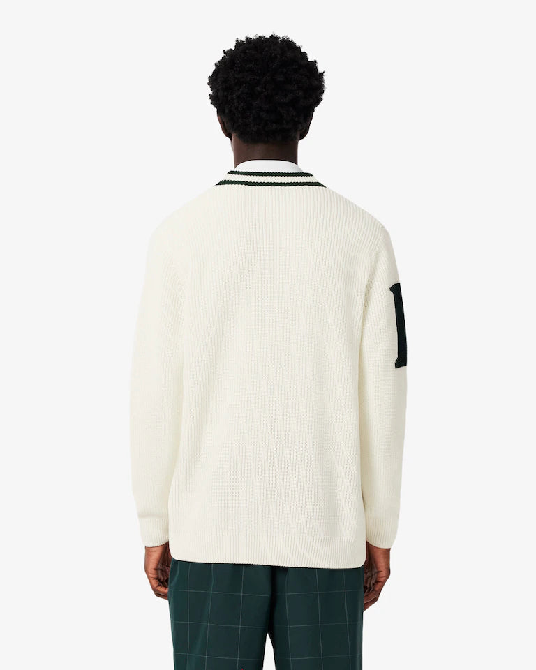 Lacoste Badge Accent Wool Blend Golf Cardigan  `White / Green`