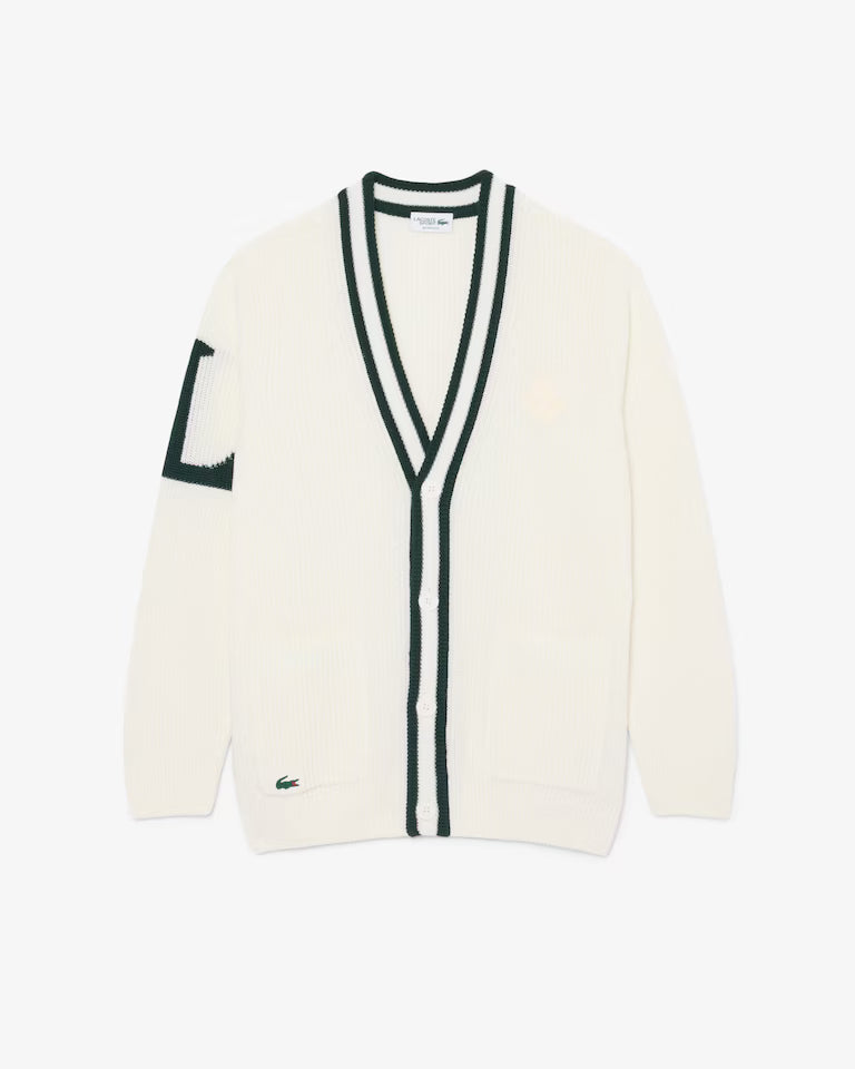 Lacoste Badge Accent Wool Blend Golf Cardigan  `White / Green`