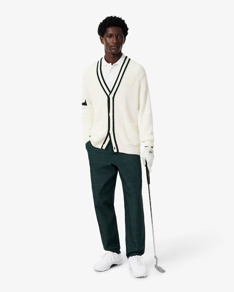 Lacoste Badge Accent Wool Blend Golf Cardigan  `White / Green`