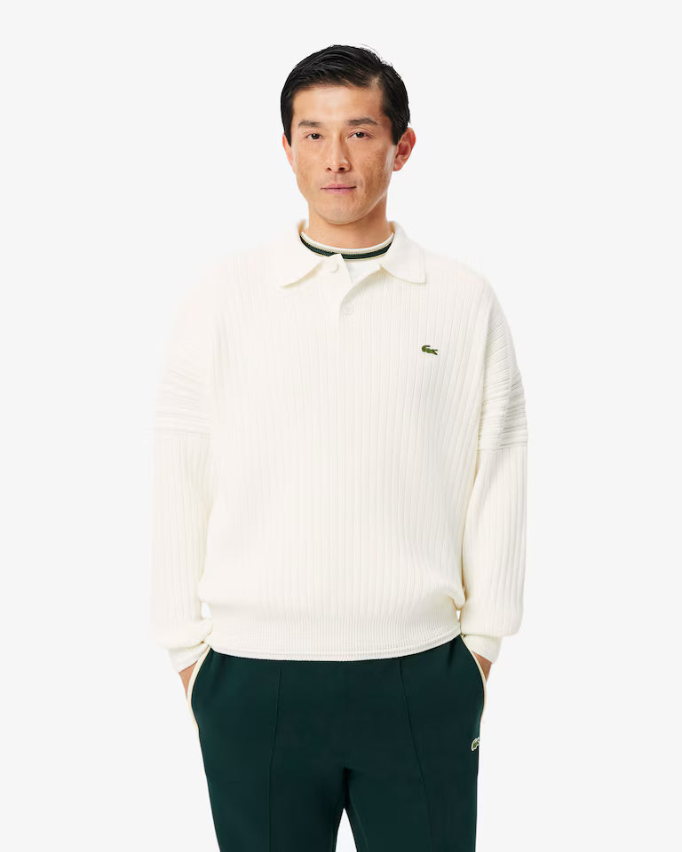 Lacoste French Made Cotton Polo Collar Sweater `White`