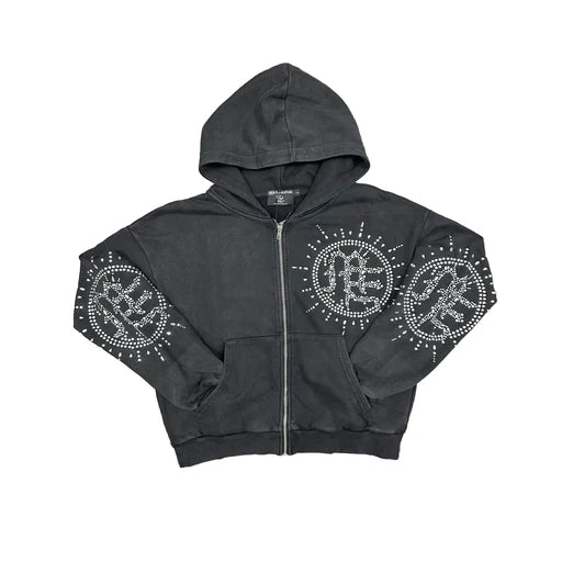 Mixed Emotion Eclipse Grey Acid Wash Rhinestone Hoodie