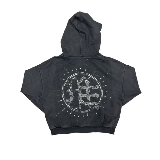 Mixed Emotion Eclipse Grey Acid Wash Rhinestone Hoodie