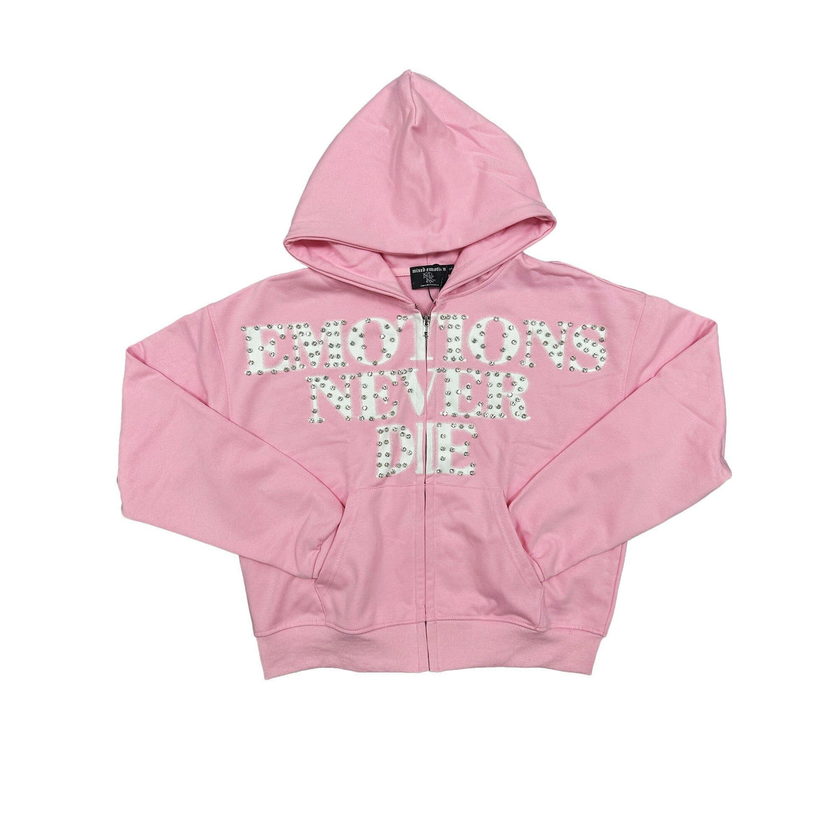 Mixed Emotion Emotions Never Die Pink Rhinestone Zip-Up Hoodie