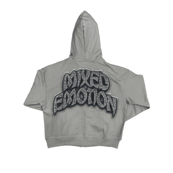 Mixed Emotion Rhinestone Skater Graphic Grey Zip-Up Hoodie