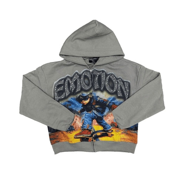 Mixed Emotion Rhinestone Skater Graphic Grey Zip-Up Hoodie